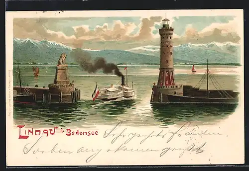 Lithographie Lindau i. B., Hafeneinfahrt mit Löwe und Leuchtturm