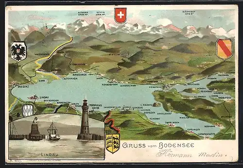 Lithographie Lindau, Karte des Bodensees mit fünf Wappen und Hafeneinfahrt von Lindau mit Leuchtturm