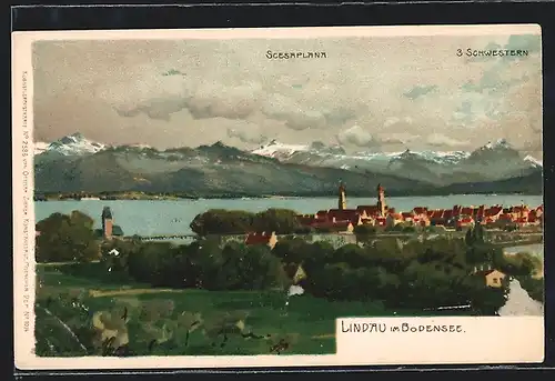 Künstler-AK Lindau im Bodensee, Teilansicht mit Scesaplana und 3 Schwestern