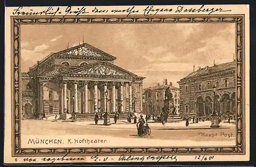 Lithographie München, K. Hoftheater mit Hauptpost und Denkmal