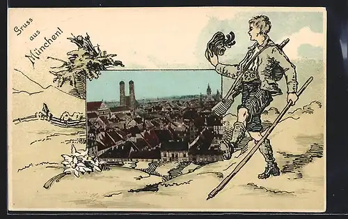 Präge-AK München, Teilansicht mit Kirche, Jäger mit Gewehr