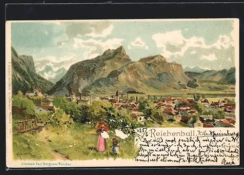 Lithographie Reichenhall, Teilansicht mit Bergen