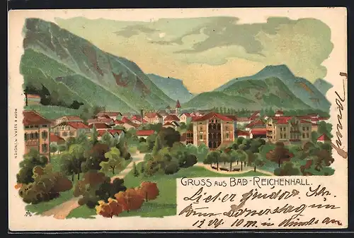 Lithographie Bad-Reichenhall, Teilansicht mit Bergen