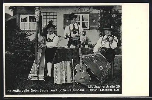 AK Hausham, Heimatkapelle Gebr. Sauer und Sohn mit Instrumenten
