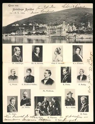 Klapp-AK Heidelberg, Heidelberger Musikfest 1903, Portraits von E. Pinks, P. Radig, R. von Milde