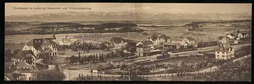 Klapp-AK Ebenhausen im Isartal, Teilansicht mit Bahnhof gegen Karwendel und Wettersteingebirge