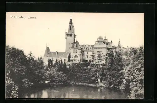 AK Pruhonice, das Schloss vom Ufer aus gesehen
