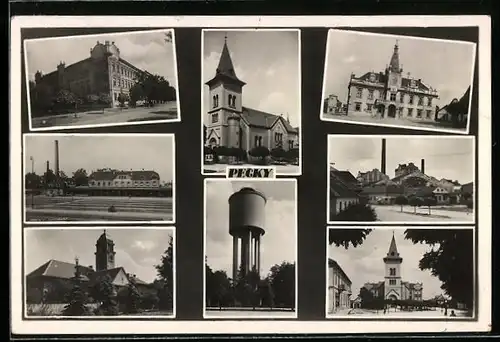 AK Pecky, Gebäudeansicht, Kirche, Bahnhof