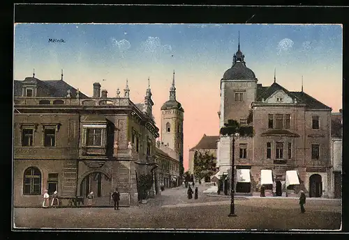 AK Melnik, Ortspartie mit Blick zur Kirche