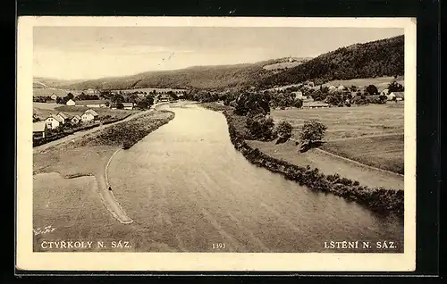 AK Lsteni n. Sáz., Flusspartie mit Blick aud Ctyrkoly n. Sáz.