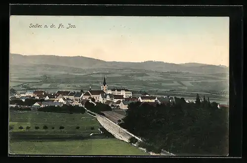 AK Sedlec n. dr. Fr. Jos., Ortsansicht mit Kirche