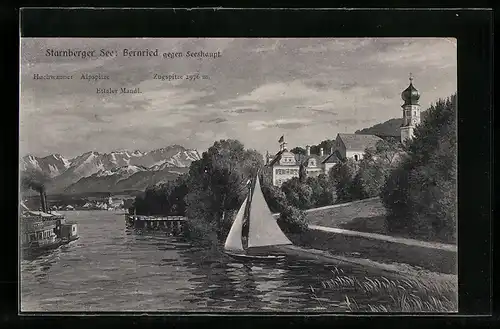 AK Bernried, Partie am Starnberger See mit Blick auf die Gebirgskette