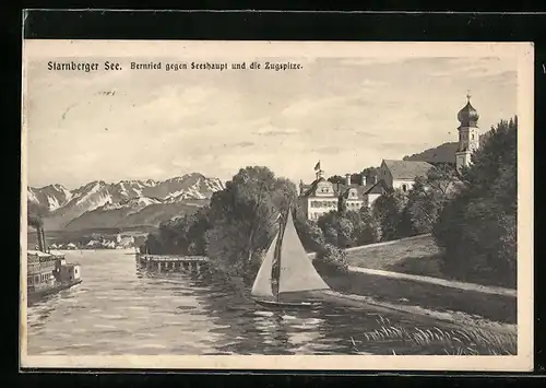 AK Bernried /Starnberger See, Uferpartie gegen Seeshaupt und die Zugspitze
