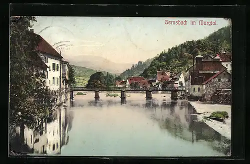 AK Gernsbach im Murgtal, Uferpartie mit Brücke