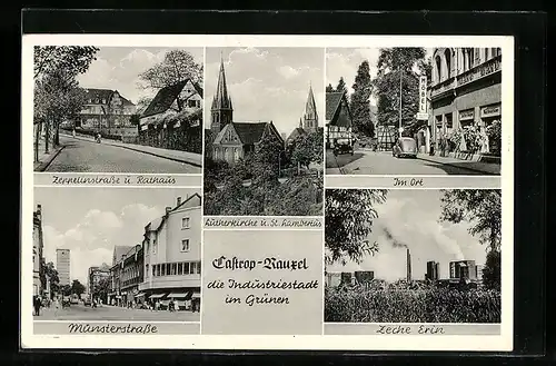 AK Castrop-Rauxel, Lutherkirche und St. Lambertus, Zeche Erin, Zeppelinstrasse und Rathaus, ünsterstrasse