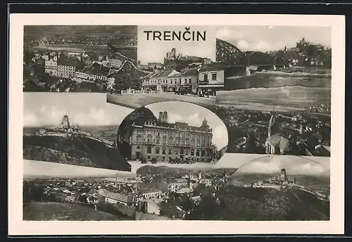 AK Trencin, Panorama, Flusspartie mit Brücke, Burg