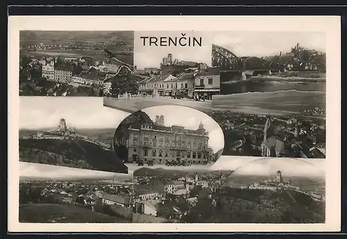 AK Trencin, Burgblick, Flusspartie mit Brücke, Panorama