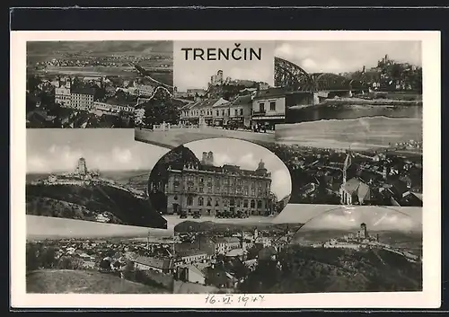 AK Trencin, Brückenansicht, Ortsansicht aus der Vogelschau, Burg