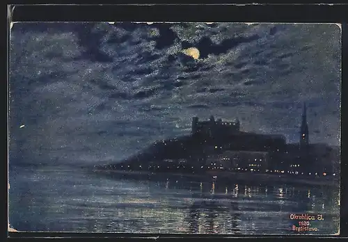 Künstler-AK Bratislava, Blick zur Burg bei Mondschein