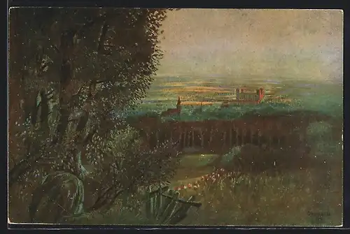 Künstler-AK Bratislava, Ortspartie mit Burg