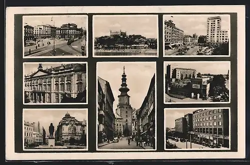 AK Bratislava, Strassenpartie mit Geschäften, Denkmal, Tor