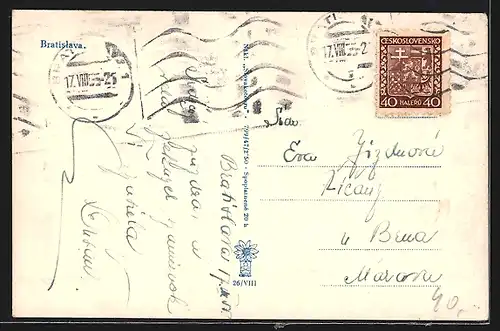 AK Bratislava, Strassenpartie mit Geschäften, Denkmal, Tor