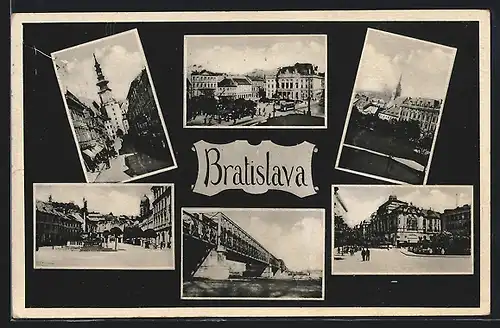 AK Bratislava, Strassenpartie mit Strassenbahn, Bühne, Denkmal