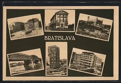 AK Bratislava, Haus Manderla, Strassenpartie mit Strassenbahn, Brücke