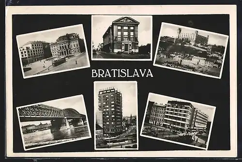 AK Bratislava, Ortspartien mit Häusern, Burg, Strassenbahn, Brücke, Geschäftshochhaus