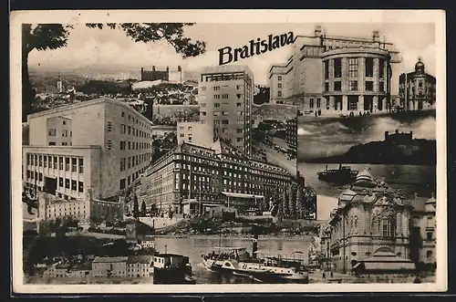 AK Bratislava, Theater, Ortsansicht mit Dampfer