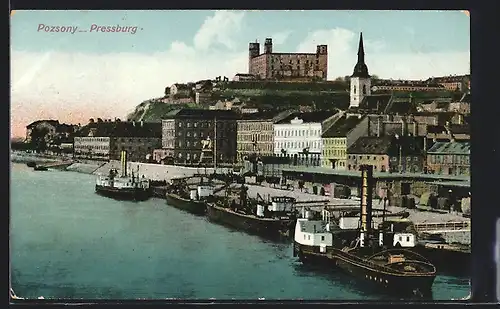 AK Pozsony / Pressburg, Panorama, Uferpartie mit Dampfer