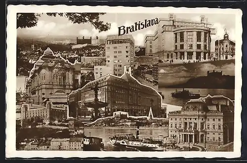 AK Bratislava, Donaupartie mit Dampfer, Theater, Hotel Savoy