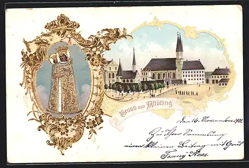 Lithographie Altötting, Kirche mit Kirchenplatz, Heiligenbild im Goldrahmen