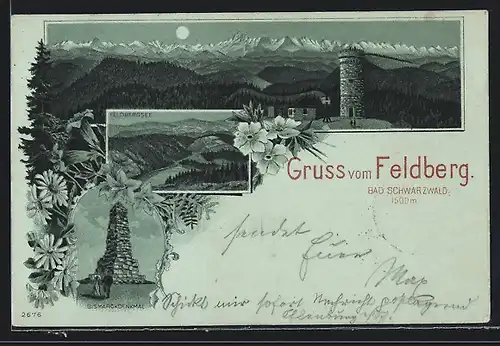 Lithographie Feldberg /Bad Schwarzwald, Panorama mit Turm, Feldbergsee, Bismarckdenkmal