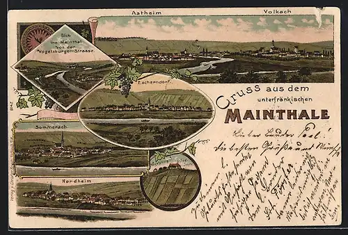 Lithographie Astheim, Ortsansicht, Escherndorf, Ortsansicht, Volkach, Ortsansicht, im Maintal