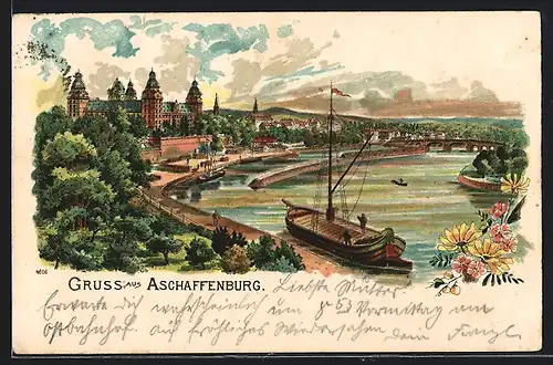 Lithographie Aschaffenburg, Schloss und Boote
