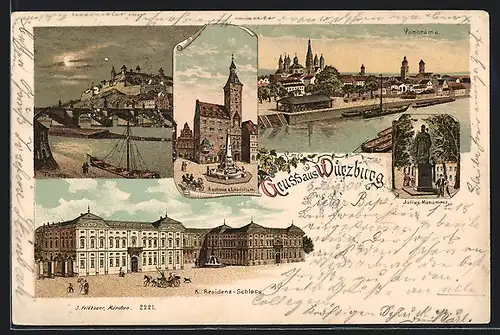 Lithographie Würzburg, Panorama, Rathaus und Residenz-Schloss