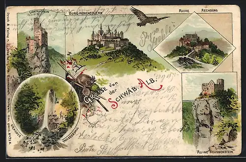 Lithographie Rechberg, Ruine, Burg Hohenzollern, Lichtenstein, Uracher Wasserfall