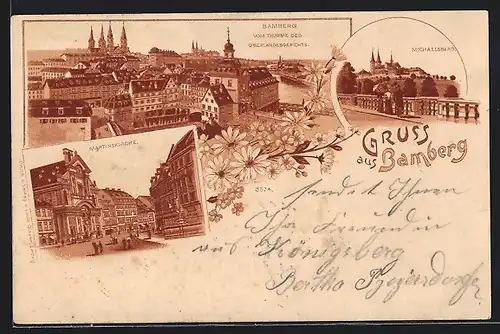 Lithographie Bamberg, Stadt vom Thurme des Oberlandesgerichts, Martinskirche, Michaelsberg