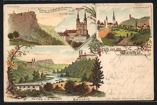 Lithographie Staffelstein, Schloss Banz, Lichtenfels, Bamberg, Staffelberg