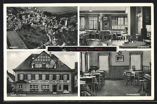 AK Wiernsheim /Württ., Gasthaus und Pension z. Krone, Bes. W. Bührer, Innenansicht, Gesamtansicht des Ortes
