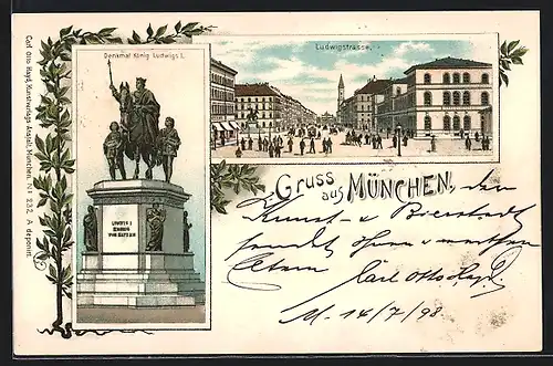 Lithographie München, Ludwigstrasse und Denkmal König Ludwigs I.