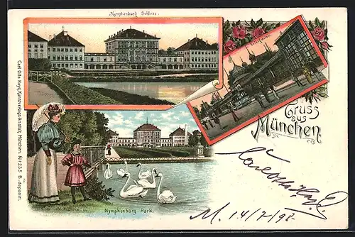Lithographie München-Nymphenburg, Schloss, Partie im Park, Restaurant Volksgarten