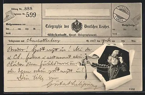 AK Glückstadt, Telegraphie des Deutschen Reiches, Kleines Mädchen mit Posthorn
