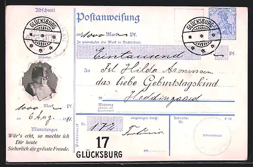 AK Glücksburg, Postanweisung über Eintausend Mark an Frl. Hilda Assmussen