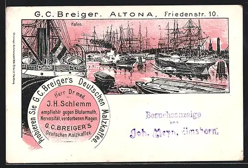 Künstler-AK Altona, G. C. Breiger, Friedenstr. 10, Breiger`s Deutscher Malzkaffee, Besuchsanzeige v. Joh. Meyn, Elmshorn