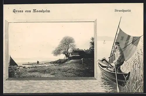 AK Maasholm, Strandpartie, Mann im Boot