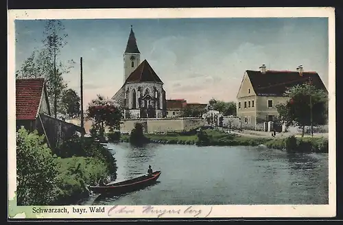 AK Schwarzach /Bayr. Wald, Flusspartie mit Blick zur Kirche