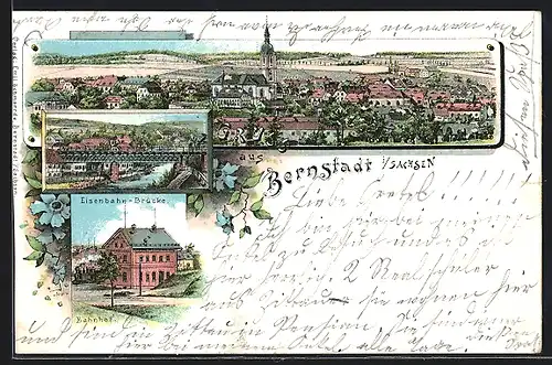 Lithographie Bernstadt i. Sachsen, Bahnhof, Eisenbahn-Brücke, Totalansicht