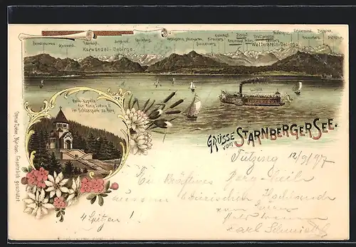 Lithographie Starnberg, Starnberger See mit Dampfern und Segelbooten, Votiv-Kapelle